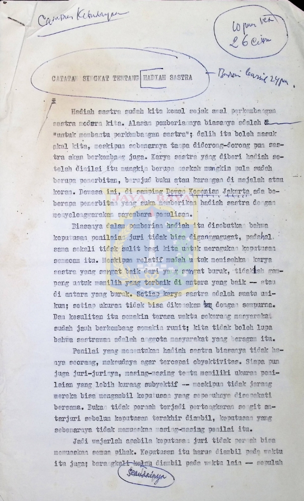 Catatan kebudayaan - catatan singkat tentang hadiah sastra