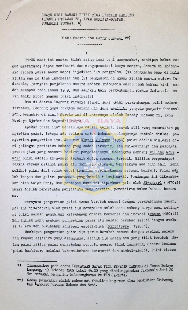 Suatu sisi bahasa puisi tiga penyair Lampung