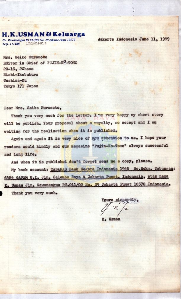 Surat dari K. Usman kepada Seiko Muramoto