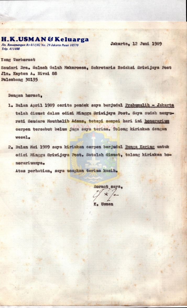 Surat dari K. Usman kepada Dra. Salmah Galuh Makaroesa