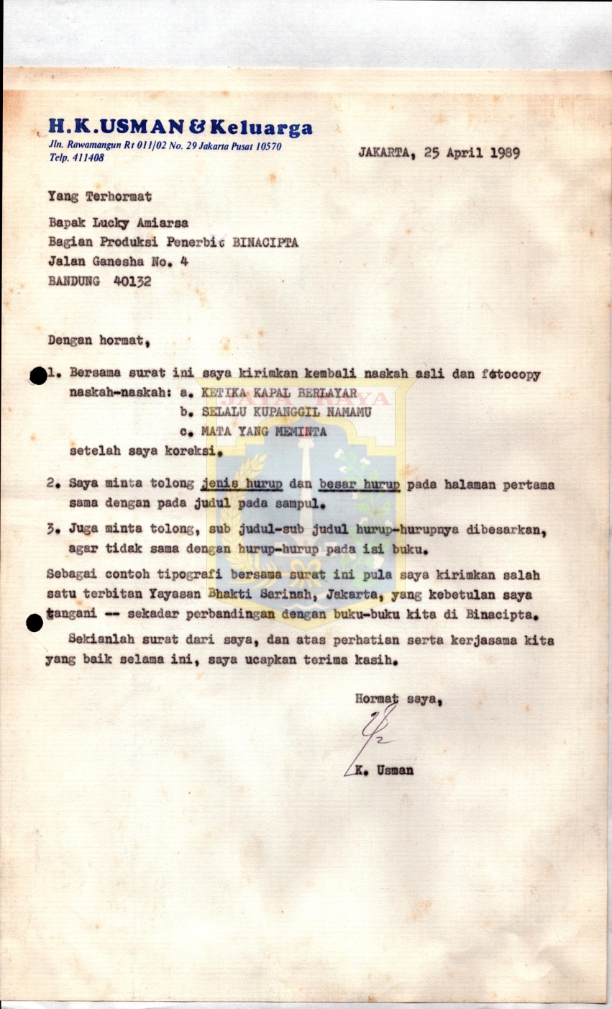 Surat dari K. Usman kepada Lucky Amiarsa