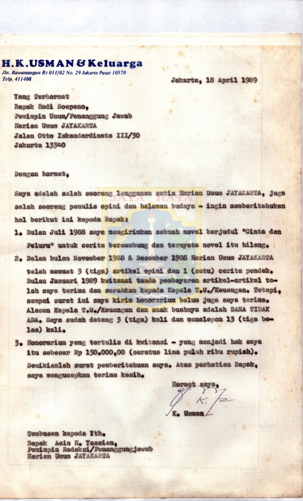 Surat dari K. Usman kepada Hadi Soepeno