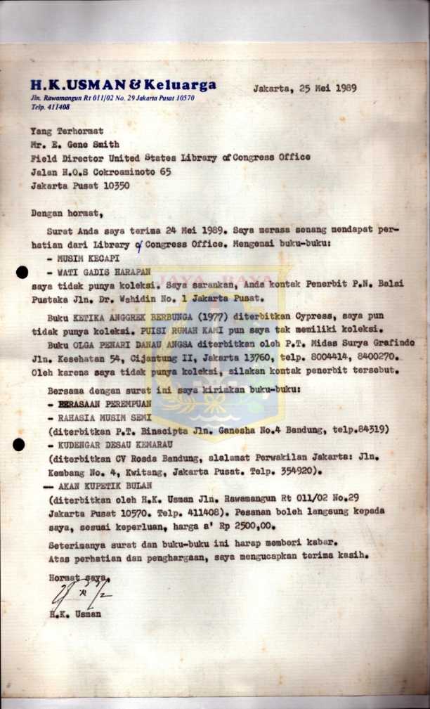 Surat dari K. Usman kepada Mr. E. Gene Smith