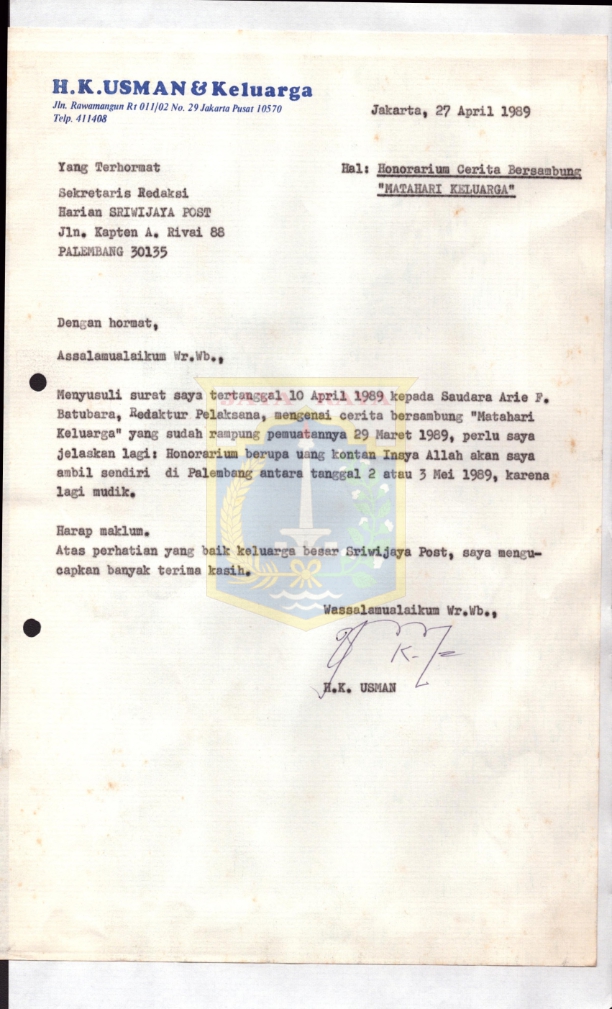 Surat dari K. Usman kepada Sekretaris Redaksi Harian Sriwijaya Post