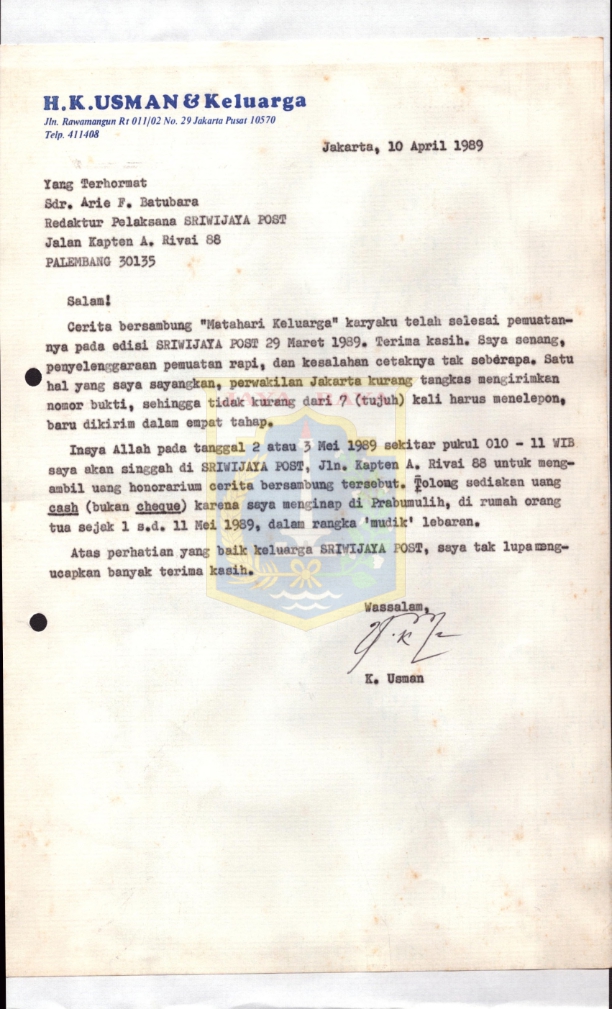 Surat dari K. Usman kepada Arie F. Batubara