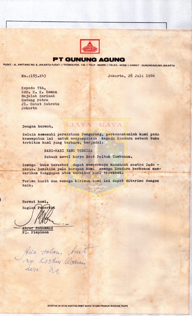 Surat dari PT Gunung Agung kepada K. Usman