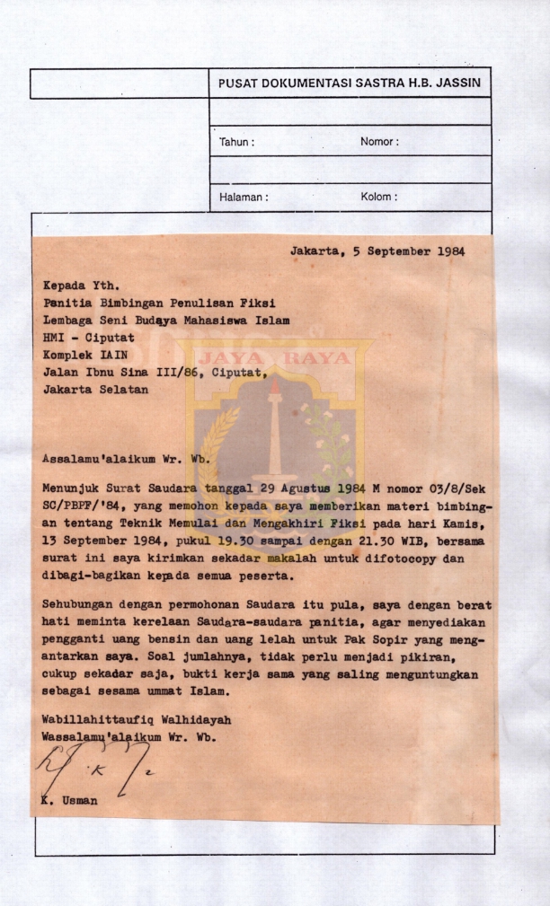 Surat dari K. Usman kepada Panitia Bimbingan Penulisan Fiksi