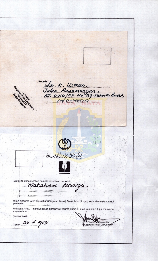 Postcard dari Urusetia Anugerah Novel Darul Iman I untuk K. Usman