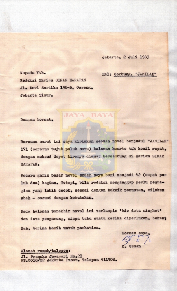 Surat dari K. Usman kepada redaksi Harian Sinar Harapan