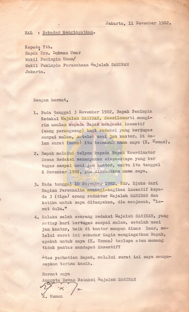 Surat dari K. Usman kepada Drs. Lukman Umar