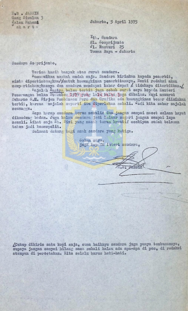 Surat dari H.B. Jassin untuk Soeprijanto