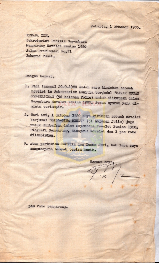Surat dari K. Usman kepada Sekretariat Panitia Sayembara Mengarang Novelet Femina 1980