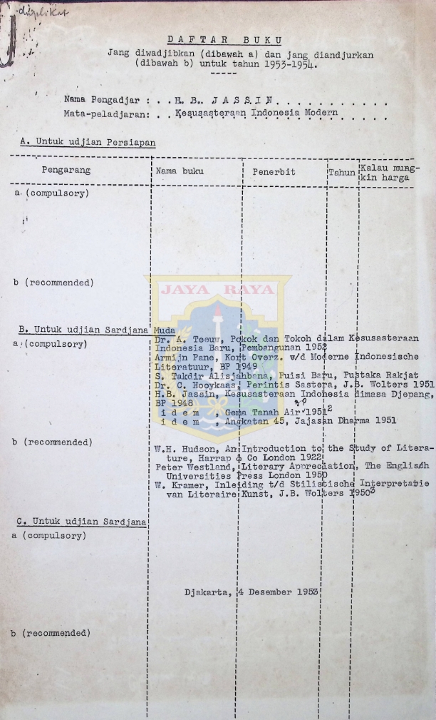 Surat pengisian daftar buku (24 November 1953)