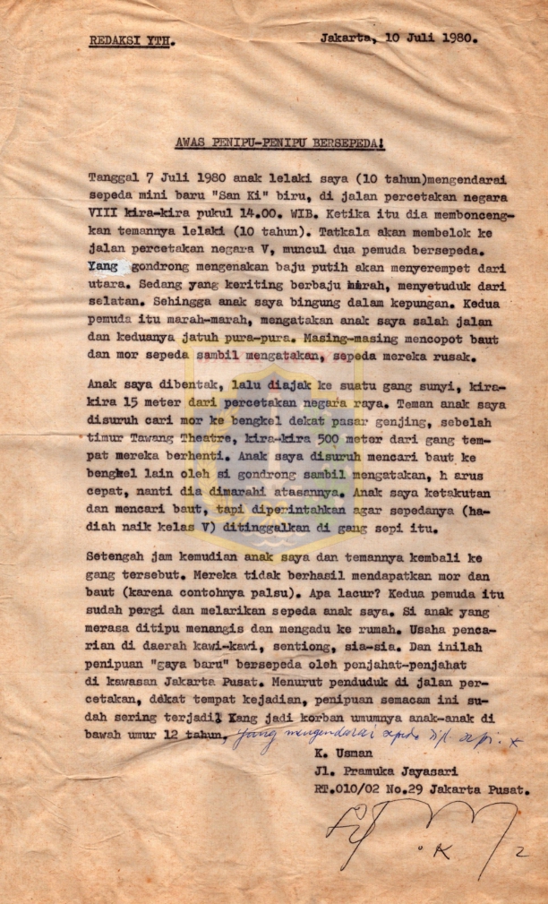 Awas penipu-penipu bersepeda! :  surat dari K. Usman kepada redaksi
