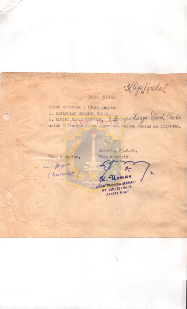 Tanda terima pengiriman cerpen-cerpen karya K. Usman untuk Sayembara Cerpen Femina ke VII/1980