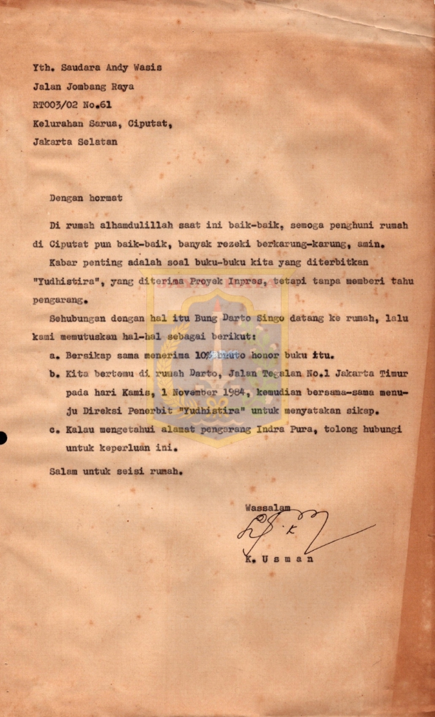 Surat dari K. Usman kepada Andy Wasis