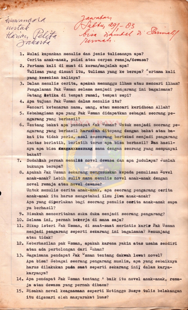 Pertanyaan dan jawaban wawancara K. Usman untuk Harian Pelita Jakarta
