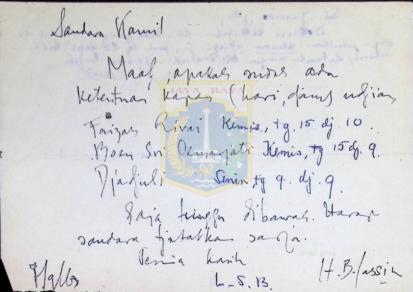Surat tulisan tangan HB Jassin untuk TW Kamil 1963