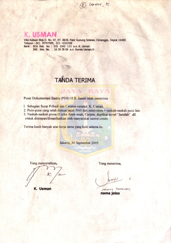 Tanda terima dari K. Usman kepada PDS H.B. Jassin