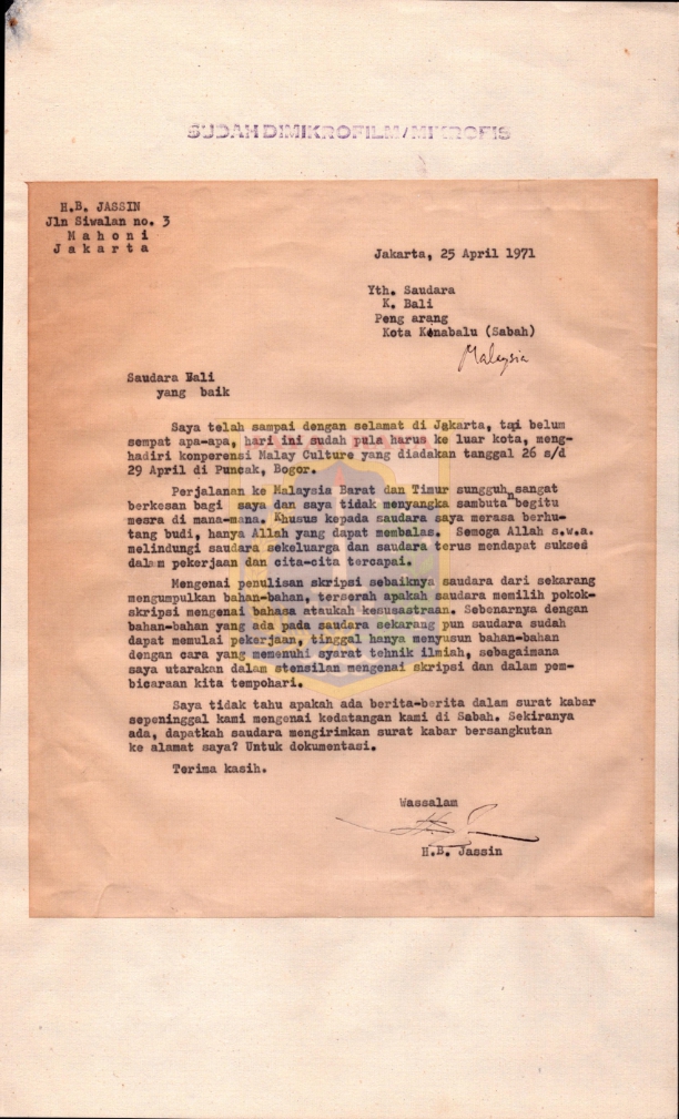 Surat dari H.B. Jassin kepada K. Bali