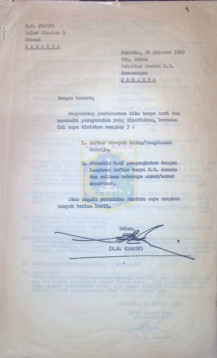 Surat H.B. Jassin untuk Dekan Fakultas Sastra U.I. Rawamangun Jakarta