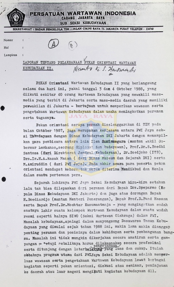 Laporan tentang pelaksanaan pekan orientasi wartawan kebudayaan II