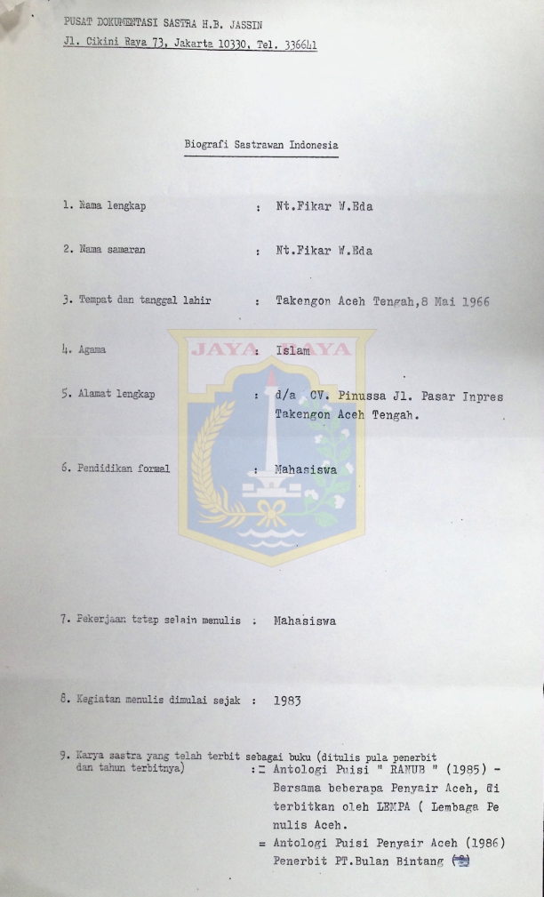 Formulir biografi sastrawan Indonesia (Nt. Fikar W. Eda)