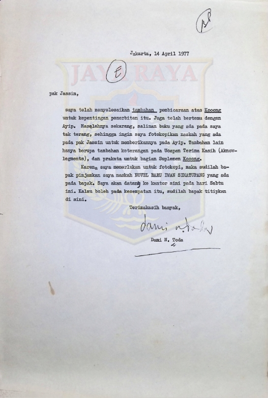 Kumpulan surat untuk H.B. Jassin dari Dami N. Toda