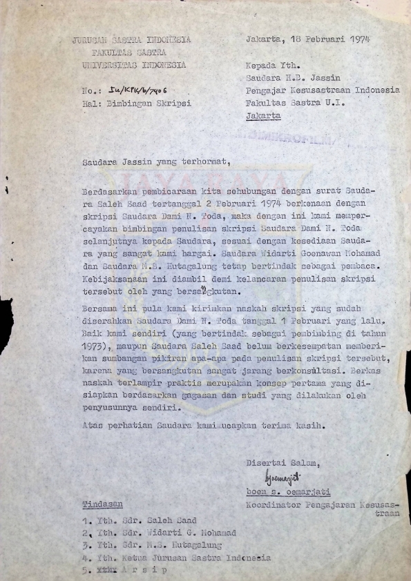 Surat untuk H.B. Jassin dari Universitas Indonesia