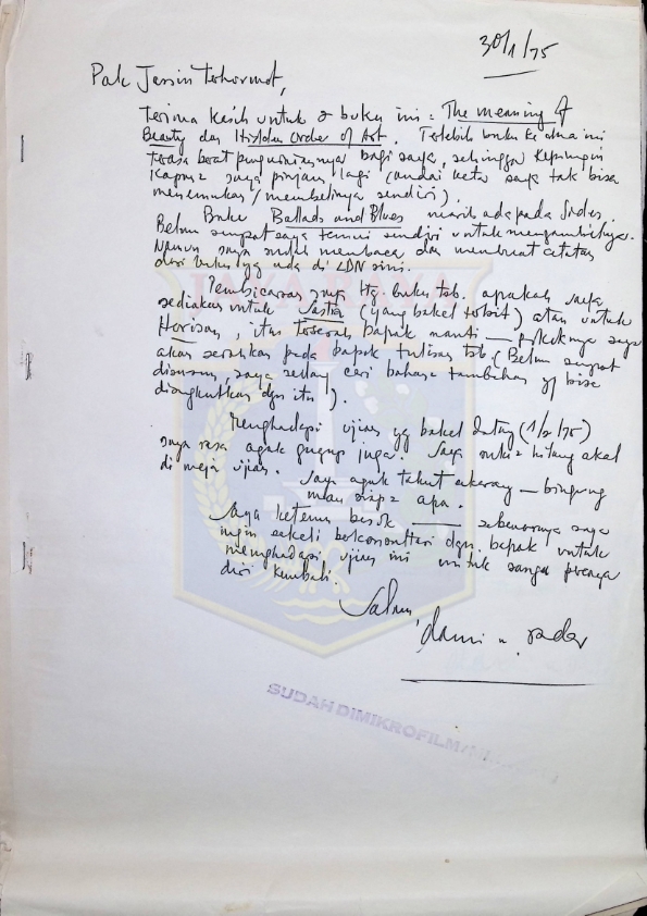 Kumpulan surat yang berhubungan dengan H.B. Jassin dan Dami N. Toda