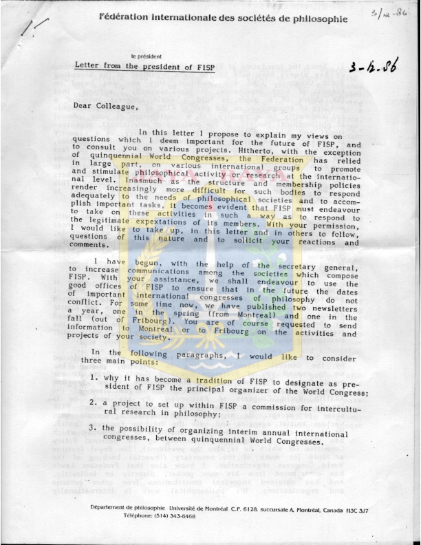 Letter from the president of FISP