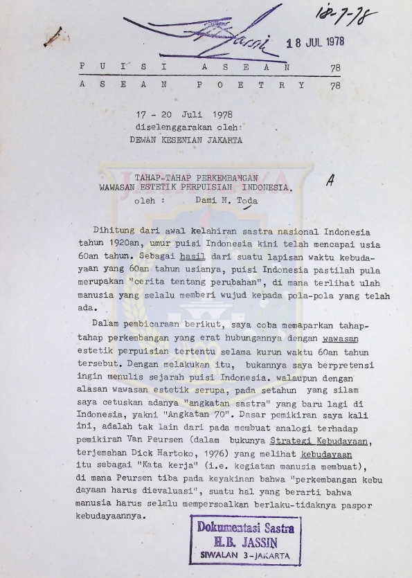 Puisi ASEAN 78 : Tahap-tahap perkembangan wawasan estetik perpuisian Indonesia