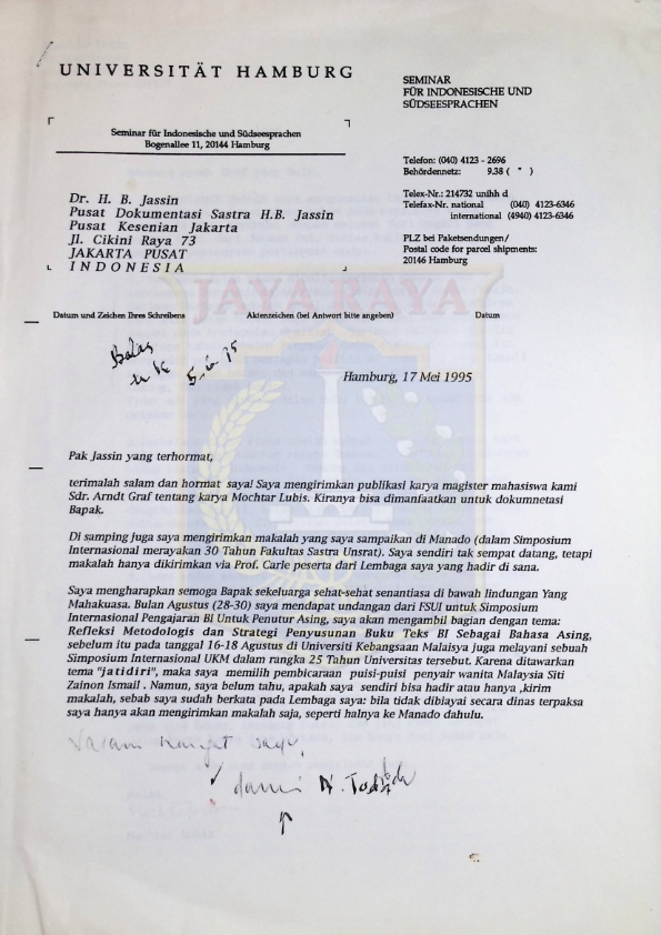 Surat dari Universitas Hamburg untuk H.B. Jassin