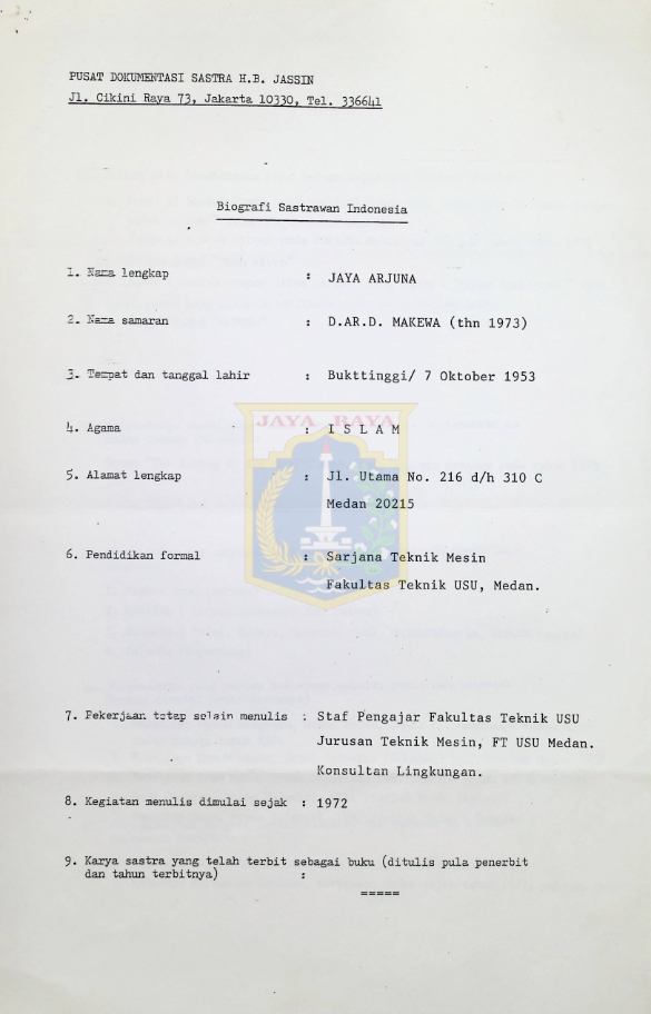 Biografi Sastrawan Indonesia: Jaya Arjuna