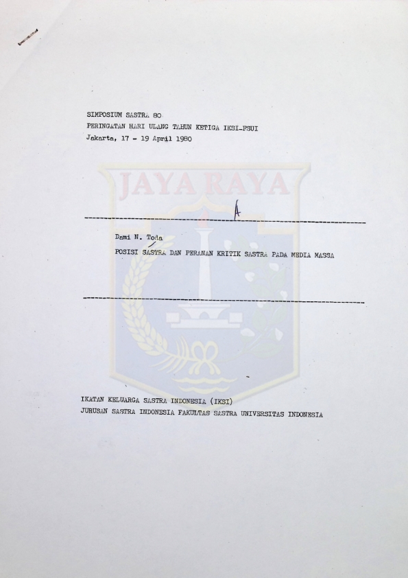 Posisi sastra dan peranan kritik sastra pada media massa : -