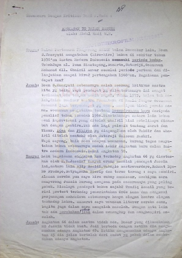 Wawancara dengan kritikus Dami N. Toda: angkatan 70 dalam sastra : -