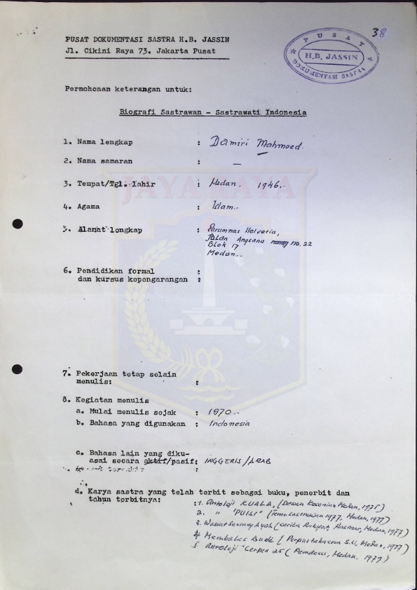 Biografi sastrawan Indonesia - Damiri Mahmud