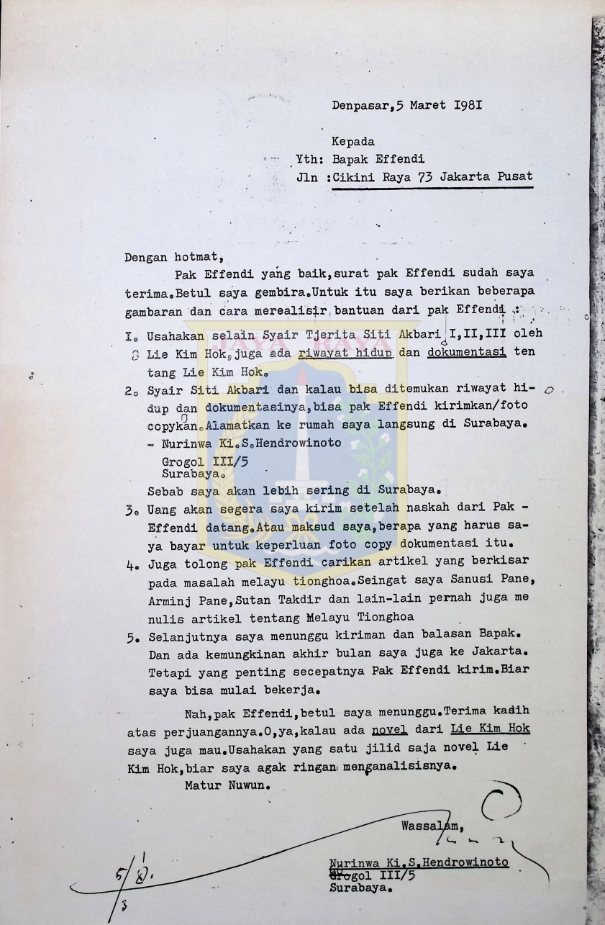 Surat-surat Nurinwa Ki S. Hendrowinoto kepada Effendi