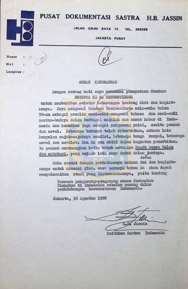 Surat keterangan dari H.B. Jassin untuk Nurinwa Ki S. Hendrowinoto