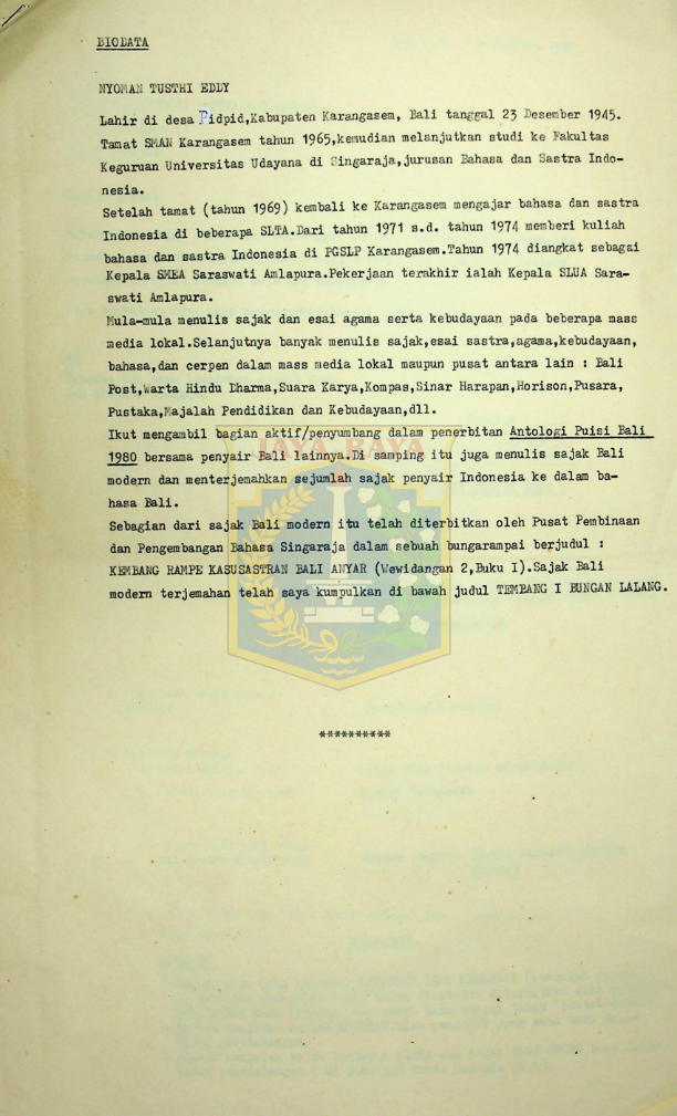 Biodata sastrawan atas Nyoman Tusthi Eddy