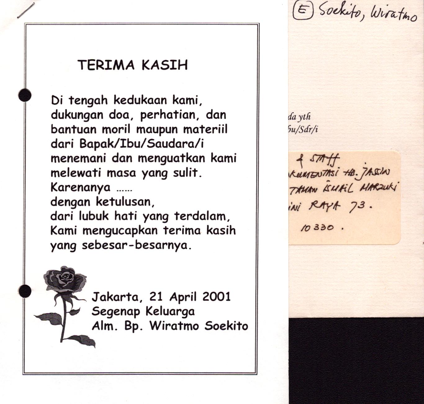 Korespondensi keluarga Almarhum Wiratmo Soekito kepada PDS H.B. Jassin