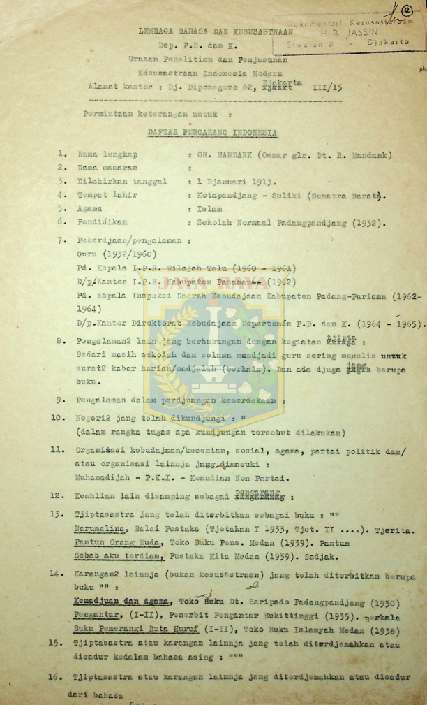 Daftar pengarang Indonesia atas nama O.R. mandank