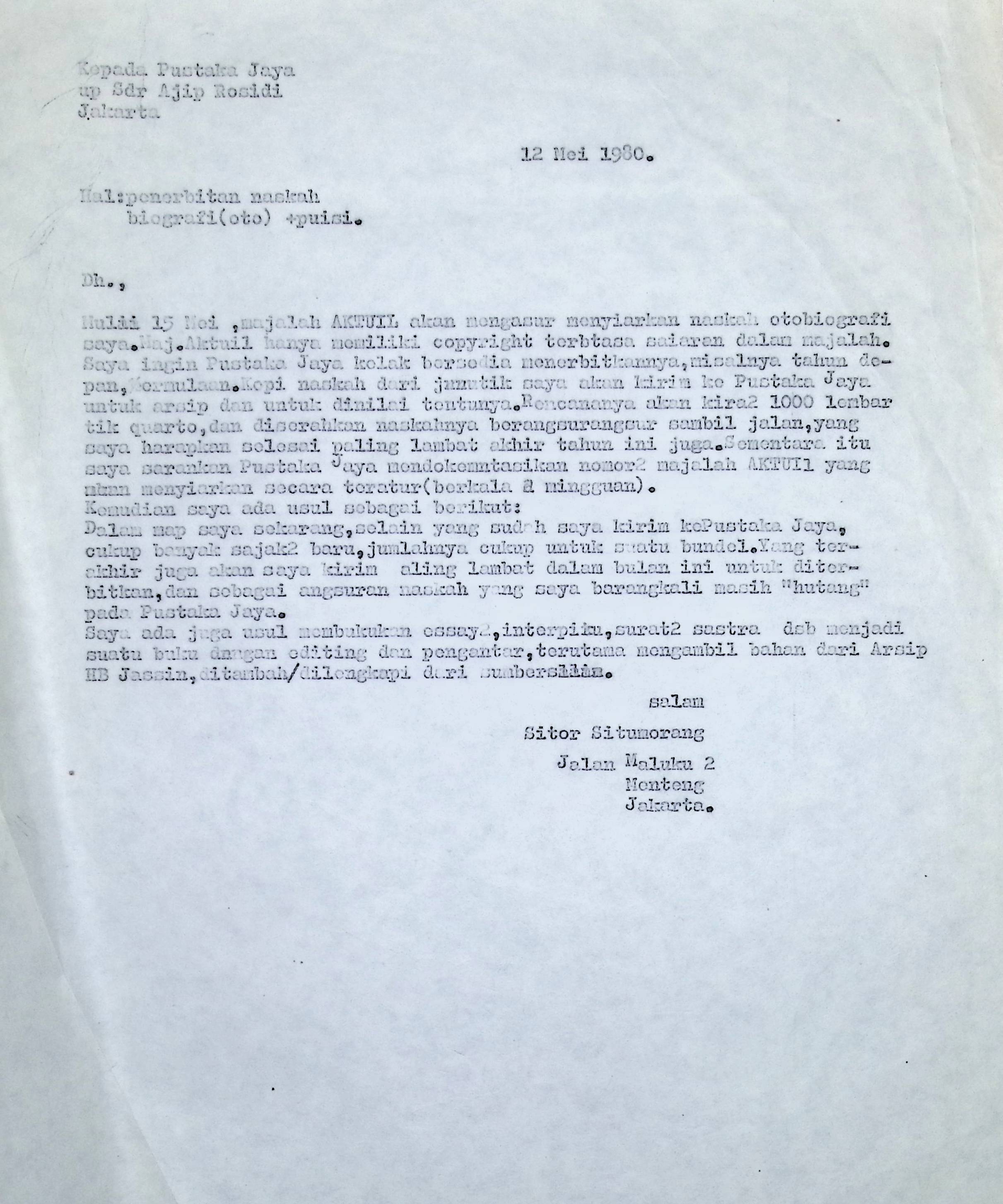 Surat untuk Ajib Rosidi dari Sitor Situmorang