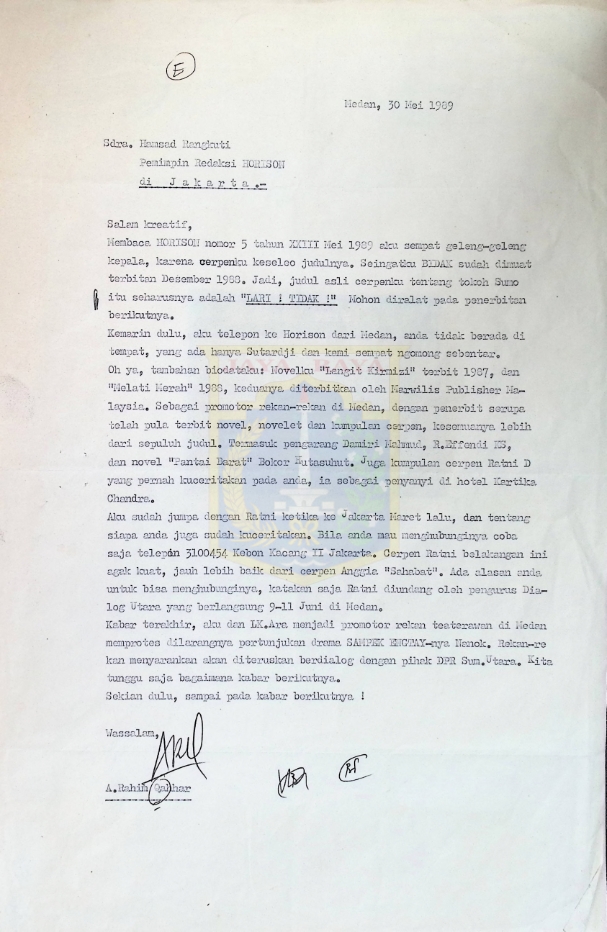 Surat A. Rahim Qahhar kepada Hamsad Rangkuti