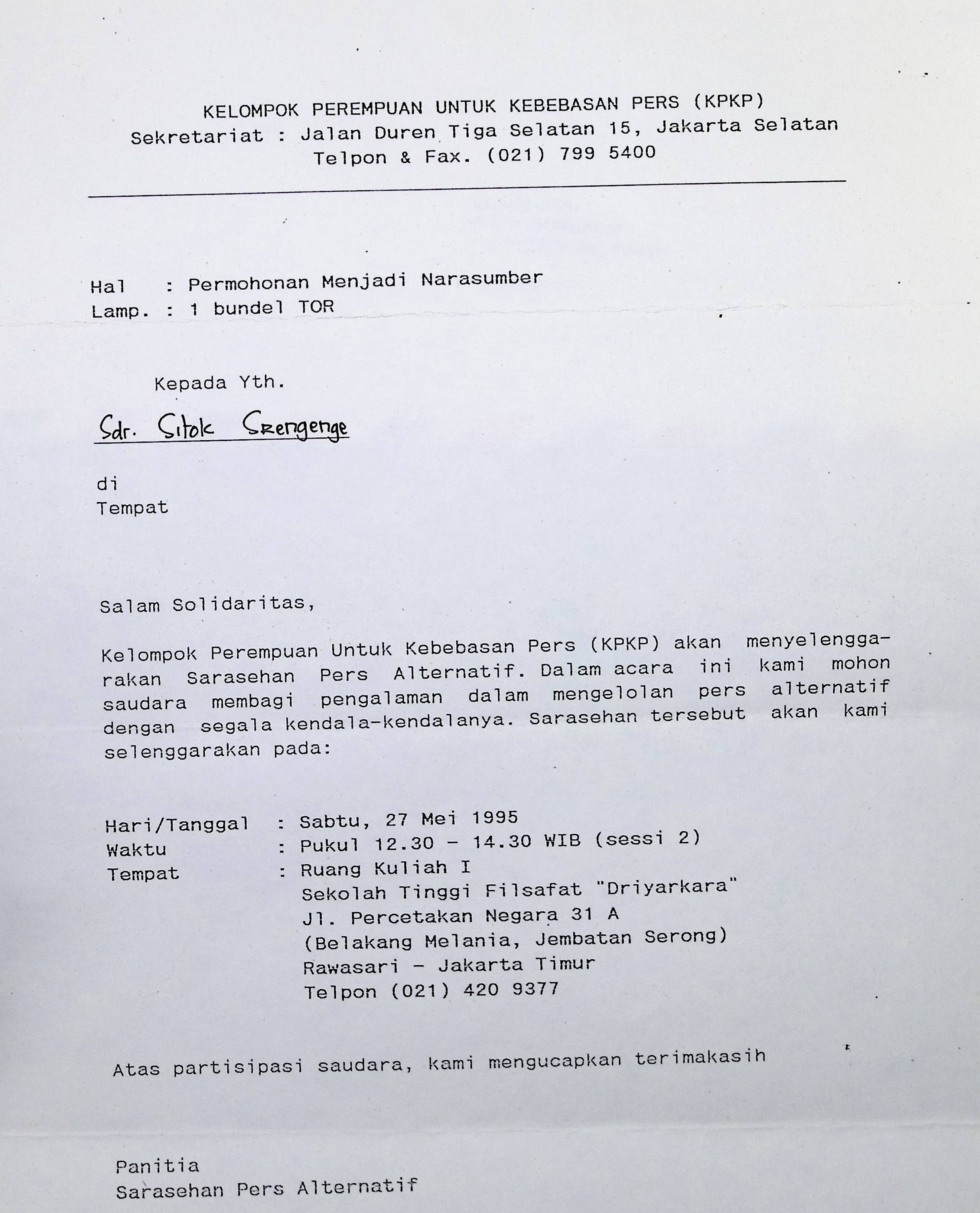 Surat untuk Sitok Srengenge dari KPKP