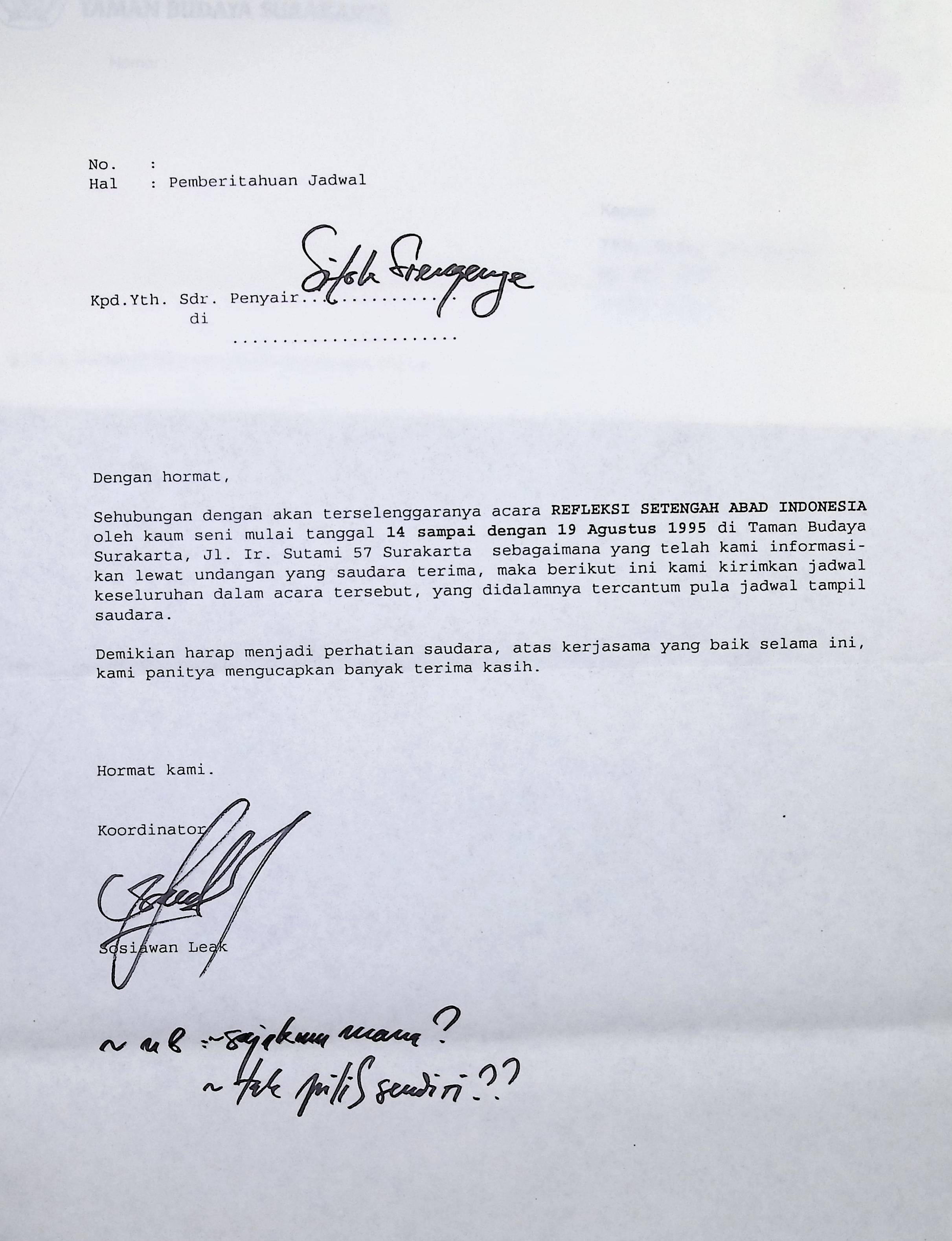 Surat untuk Sitok Srengenge dari Departemen Pendidikan dan Kebudayaan Taman Budaya Surakarta