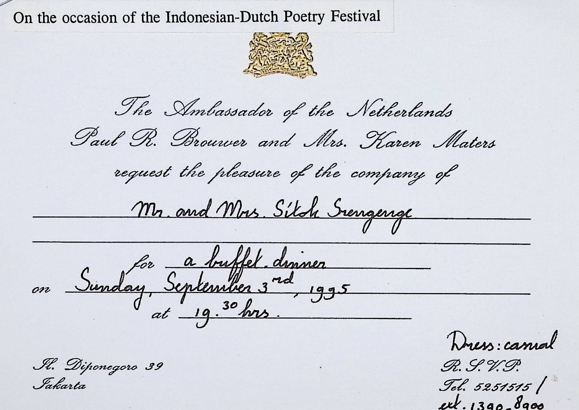 Surat undangan untuk Sitok Srengenge dari Duta Besar Belanda
