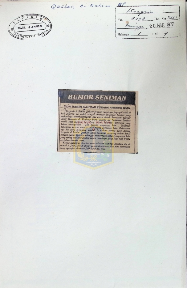 Humor seniman :A. Rahim Qahhar tukang angsur kain