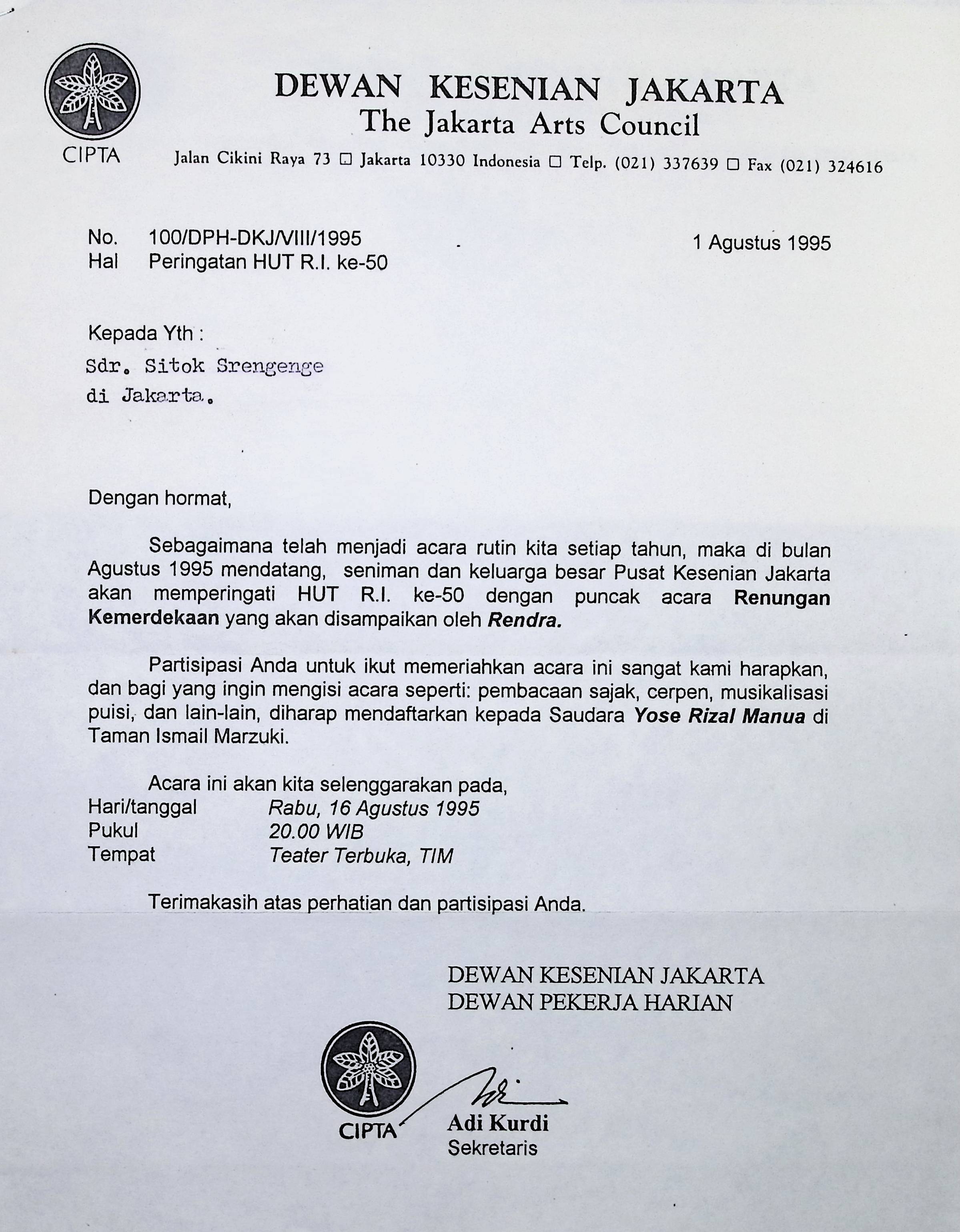 Surat untuk Sitok Srengenge dari DKJ