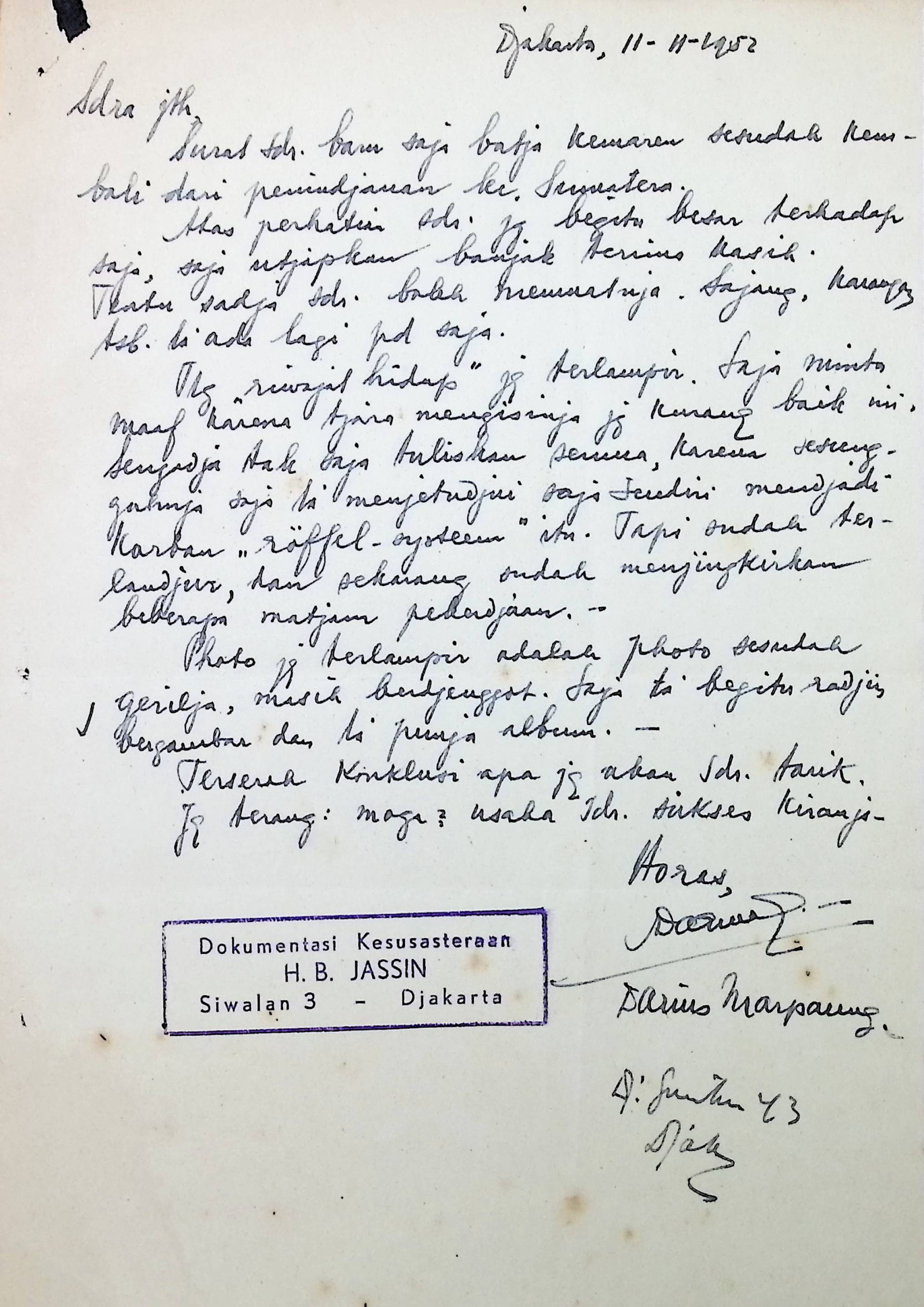 Surat dari Darius Marpaung untuk PDS H.B. Jassin